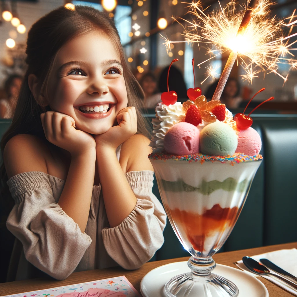 DALL·E 2024-04-02 14.30.08 - A joyful young girl is sitting at a restaurant table, smiling and looking with amazement at a sparkling firework candle stuck in a large, elaborate so